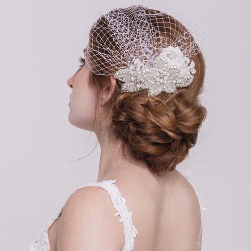 Bridal Headpiece Hair Comb Statement Ivory Floral Lace Pearl Crystal Embellished